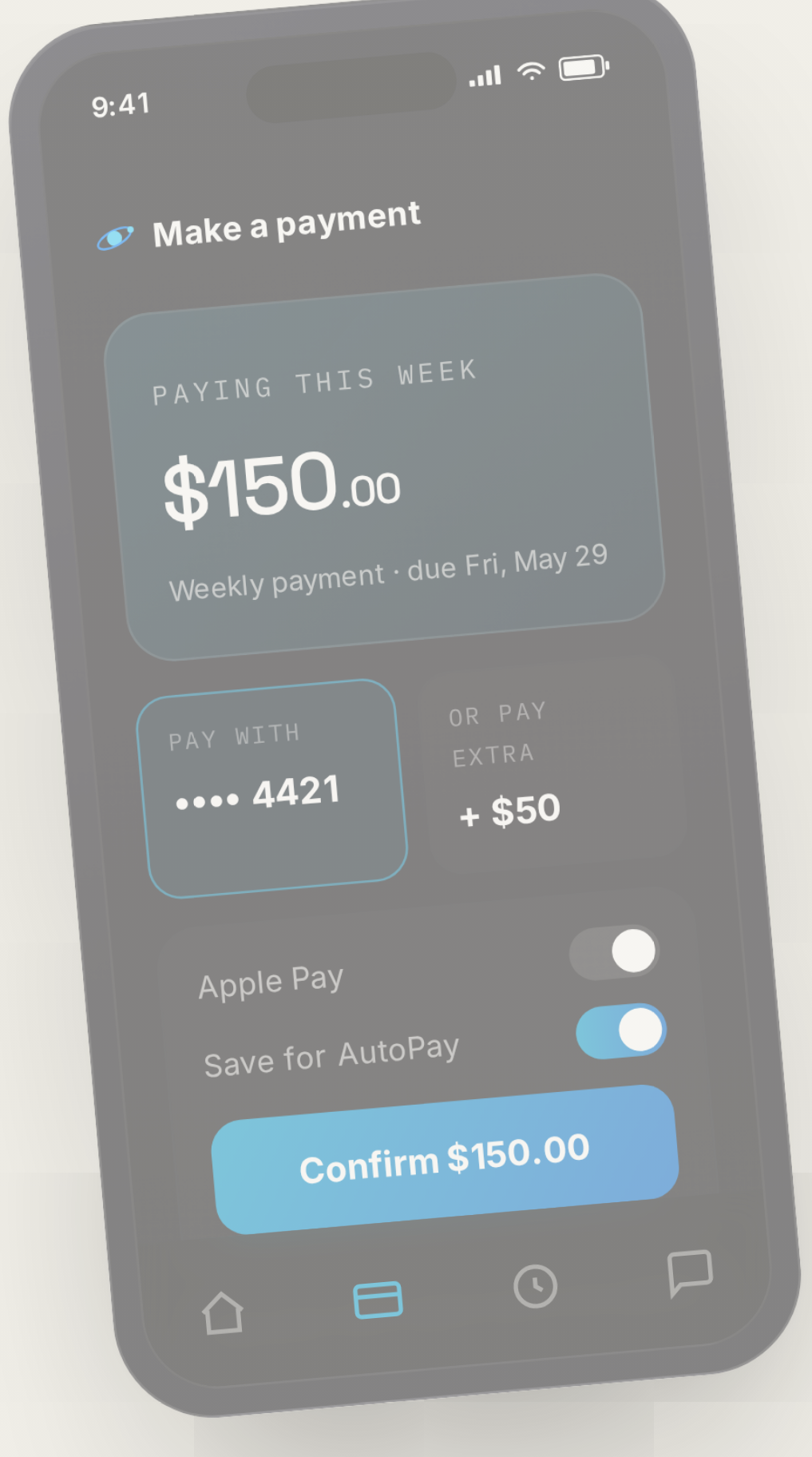 The Gravity app payment screen